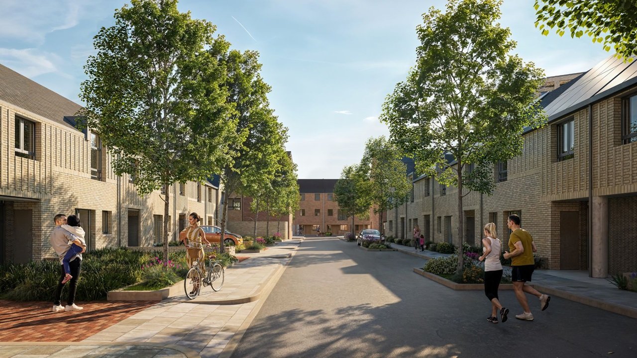 Artist's impression of a tree-lined residential street with new homes, landscaped planting, and people walking, cycling and jogging.