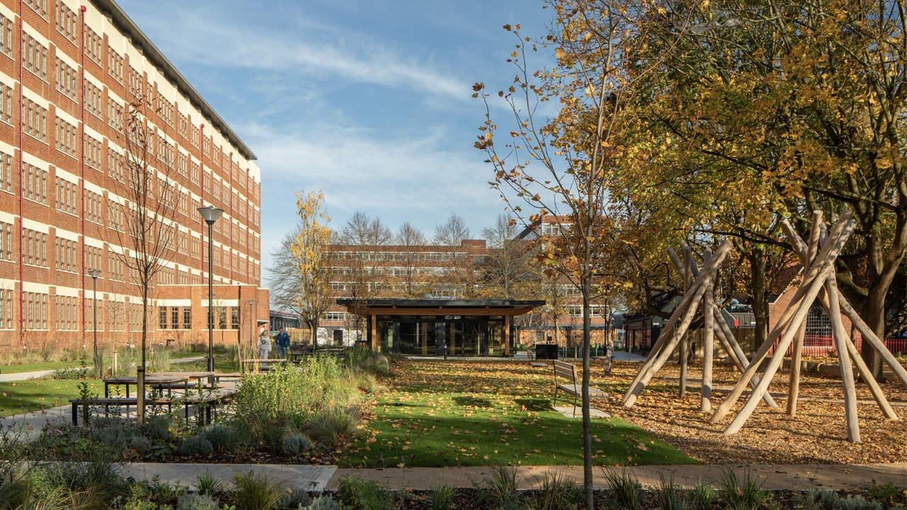 A building with some trees