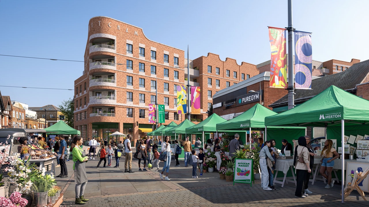 CGI of a busy market place - part of a regeneration project in Mitcham