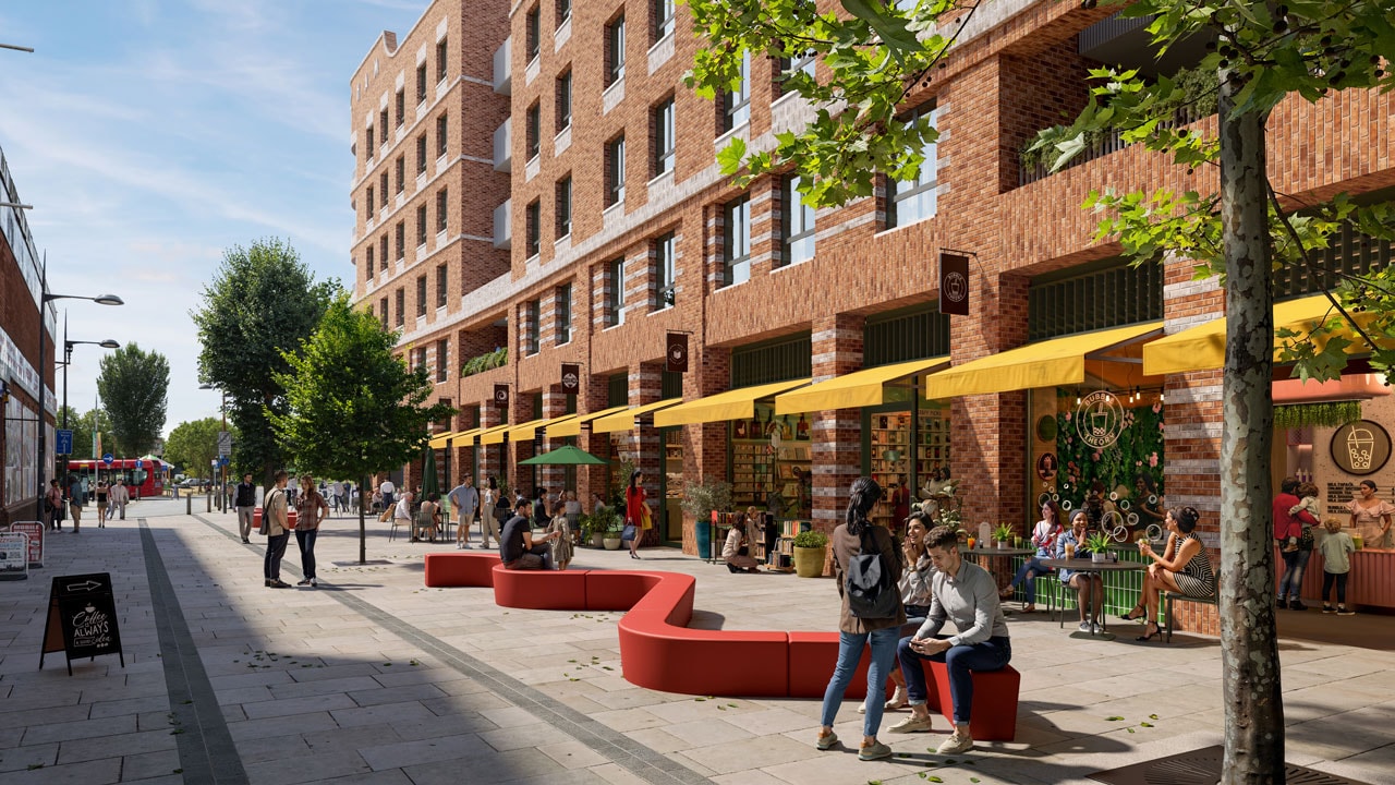CGI of a busy pedestrian street - part of a regeneration project in Mitcham