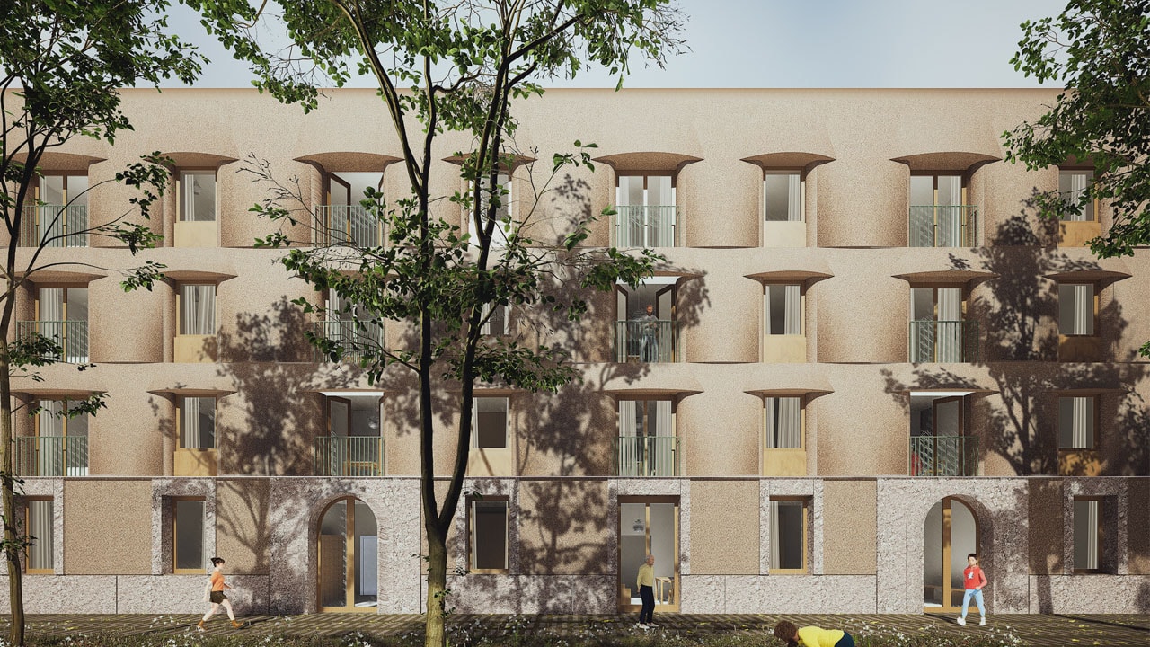 A rendering of a tower block and trees 